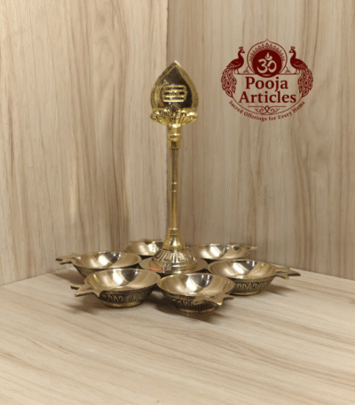 Buy Brass Arumuga Vilakku with Vel – 450g, 7″ Powerful Murugan Sacred Lamp For Home & Return Gifts