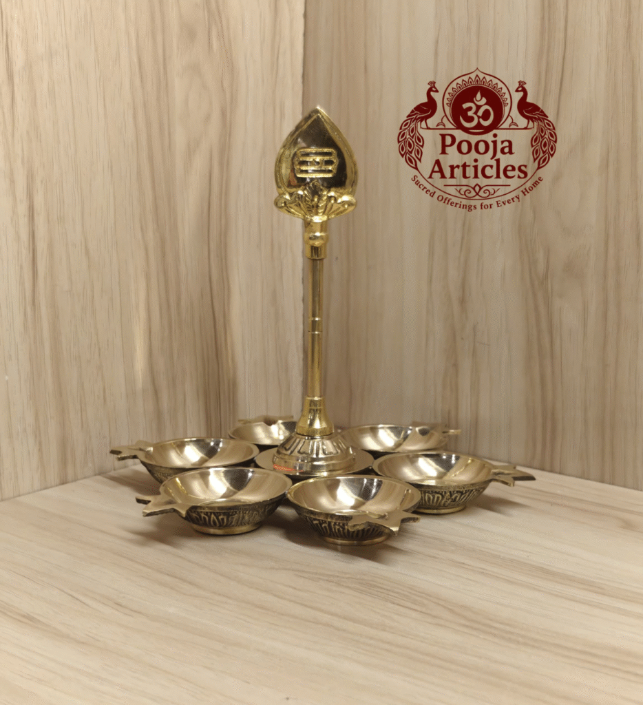 Buy Brass Arumuga Vilakku with Vel – 450g, 7″ Powerful Murugan Sacred Lamp For Home & Return Gifts