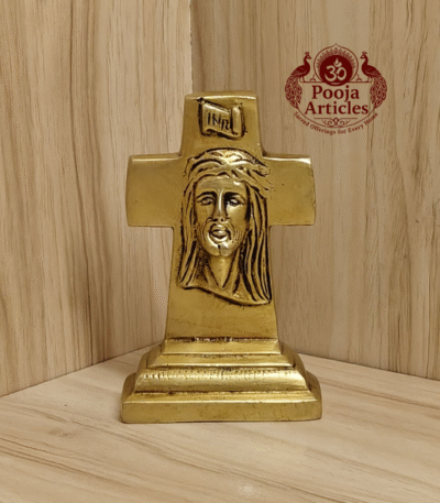 Buy Brass Cross Statue with Jesus Face – 490g, 4.2″ Handcrafted Religious Icon For Home Use & Decor