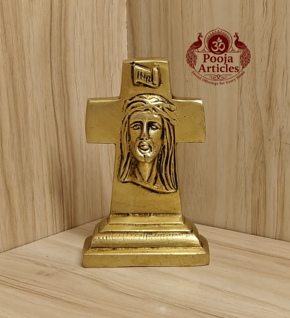 Buy Brass Cross Statue with Jesus Face – 490g, 4.2″ Handcrafted Religious Icon For Home Use & Decor