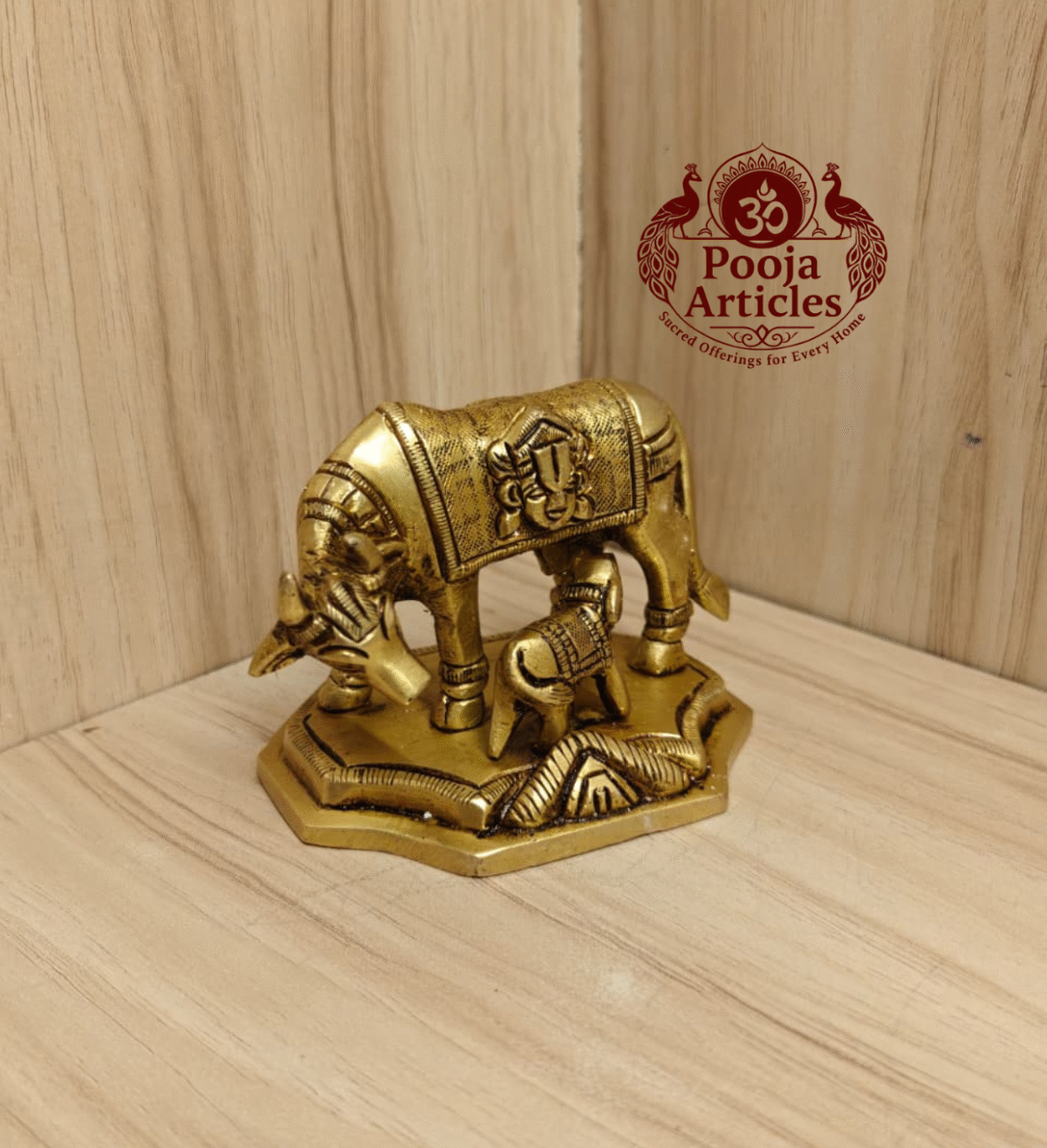 Buy Brass Kamadhenu Cow and Calf Statue Online – 500g, 3" Handcrafted Divine Idol for Pooja
