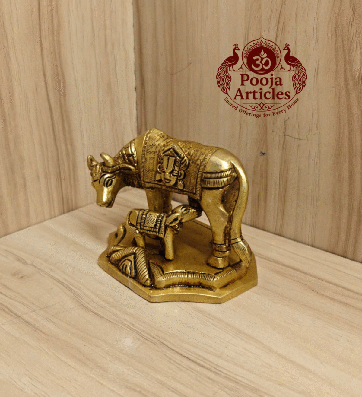 Buy Brass Kamadhenu Cow and Calf Statue Online – 500g, 3" Handcrafted Divine Idol for Pooja