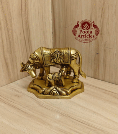Buy Brass Kamadhenu Cow and Calf Statue Online – 500g, 3" Handcrafted Divine Idol for Pooja