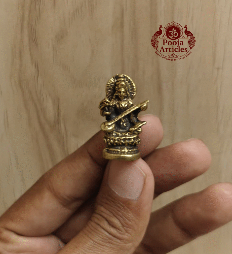 Buy Brass Miniature Saraswati Statue – 20 g, 1.2" Handcrafted Goddess of Wisdom Idol For Gifts & Puja
