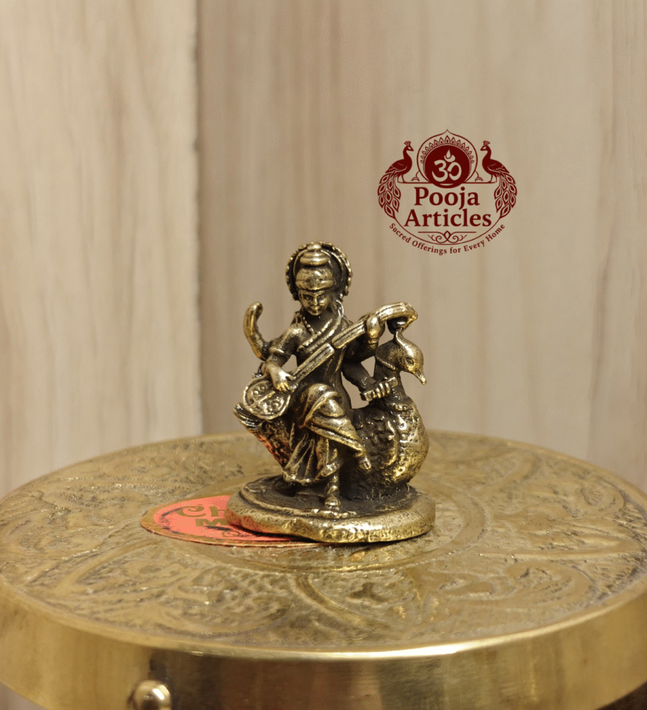 Buy Brass Miniature Saraswati Statue Online – 20 g, 1.2" Handcrafted Goddess of Knowledge Idol