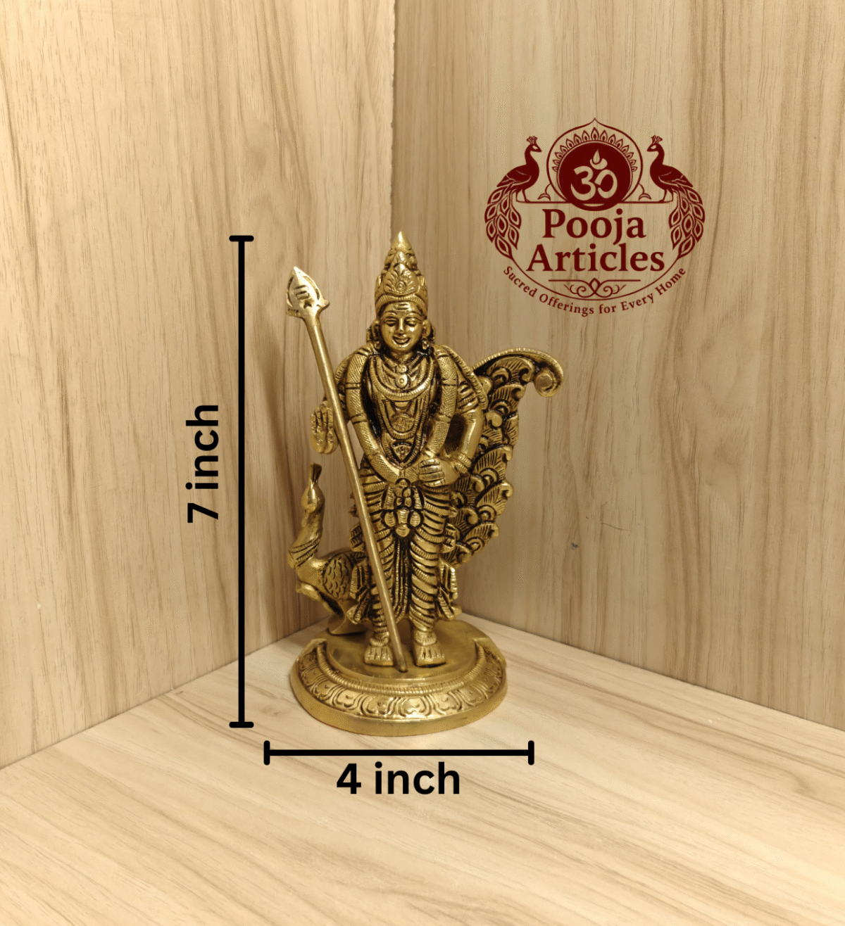 Buy Brass Peacock Murugan Statue Online – 1.200g, 7" Handcrafted Lord Murugan Idol for Pooja and Home Decor