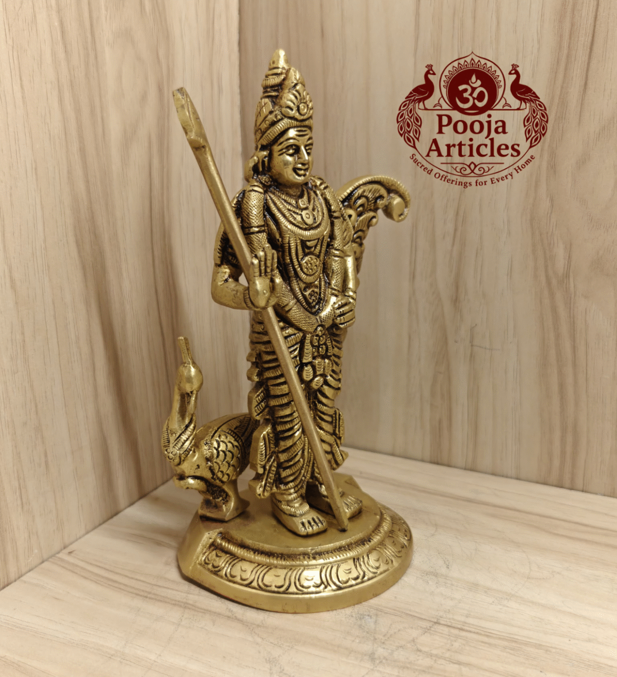 Buy Brass Peacock Murugan Statue Online – 1.200g, 7" Handcrafted Lord Murugan Idol for Pooja and Home Decor