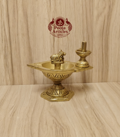 Buy Brass Pradosha Vilakku Online – 580g, 4.5" Powerful Lord Shiva Oil Lamp with Nandi & Shivling for Puja