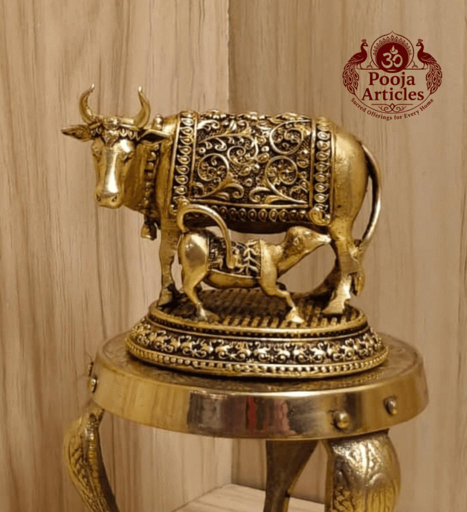 Buy Premium Brass Kamdhenu Cow and Calf Statue 120 g, 2.5" for Home, Pooja and Vastu Blessings