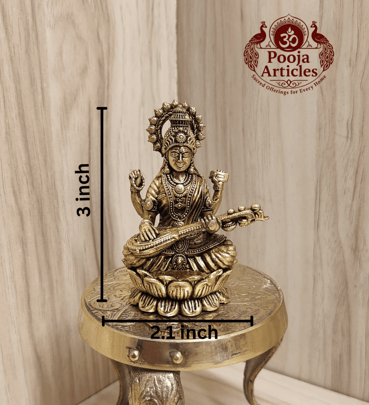 Buy Premium Brass Saraswati Idol 100g, 3" – Small Saraswati Statue for Home Pooja